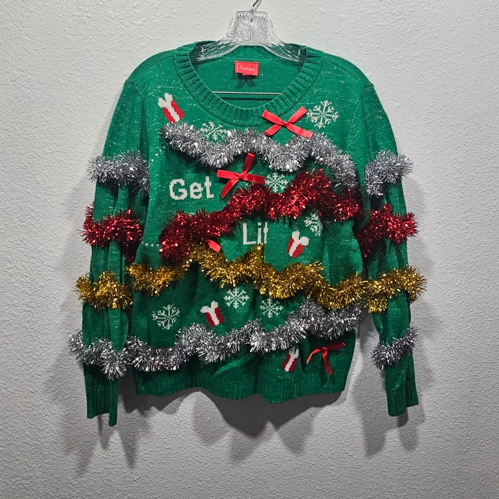 Joyland Womens Get Lit Ugly Christmas Sweater Green Tinsel Bows XL Holiday